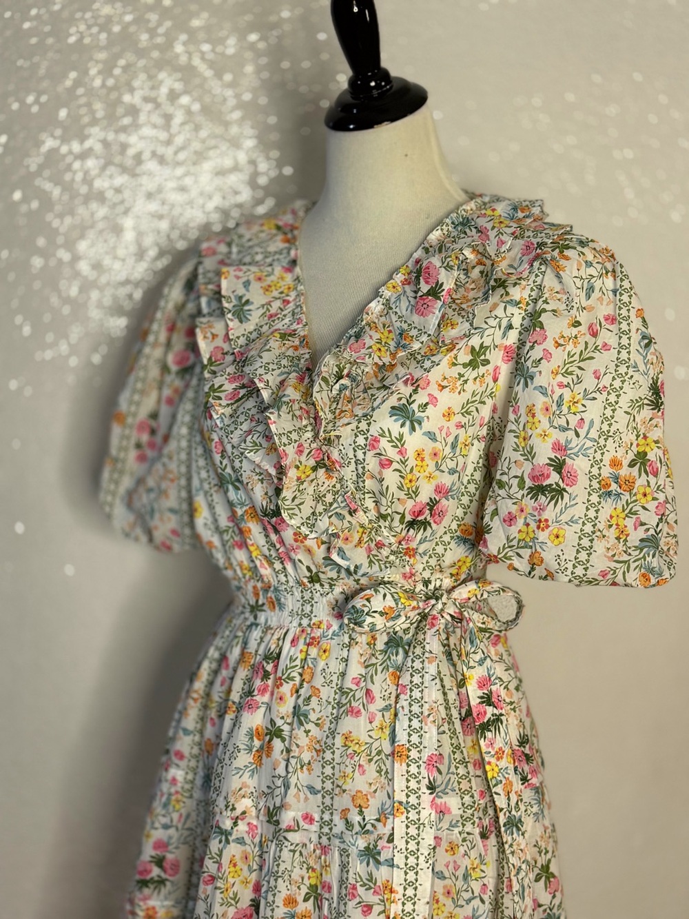 J.Marie Nora Ruffle Wrap Dress Large Floral Puff Sleeve Cotton NWT - Picture 8 of 16